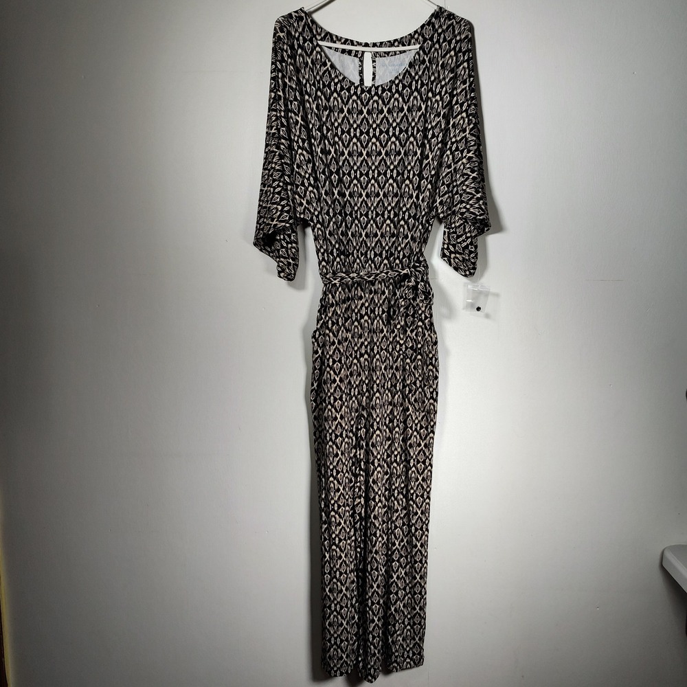 Soft Surroundings Jumpsuit XL Black Cream Ikat Geometric Dolman Wide Leg NEW